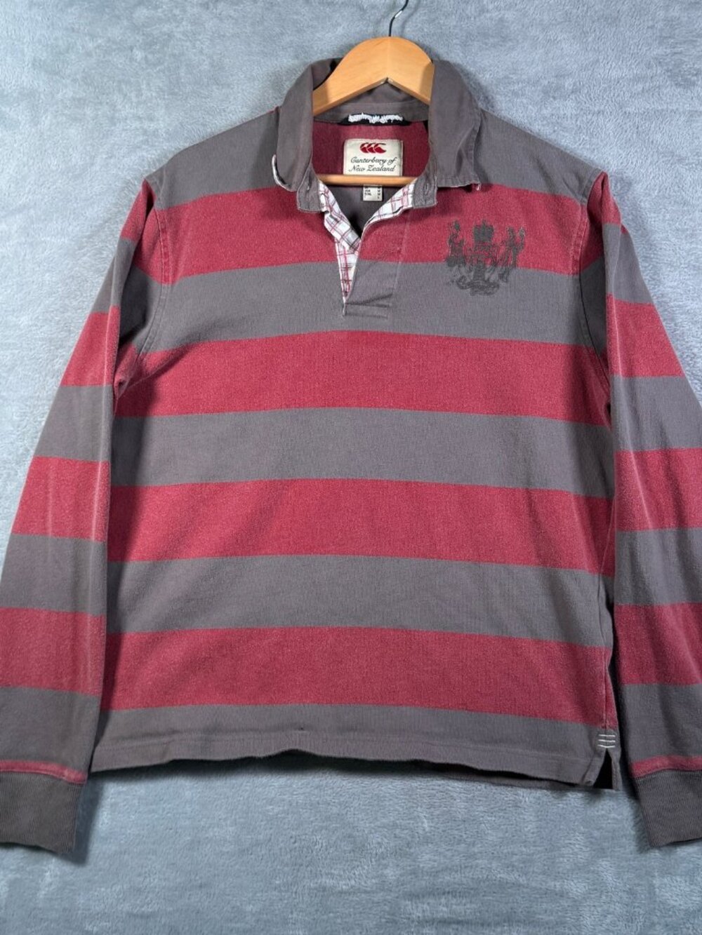 Canterbury of New Zealand Rugby Shirt Mens M Gray Red Striped Plaid Collar